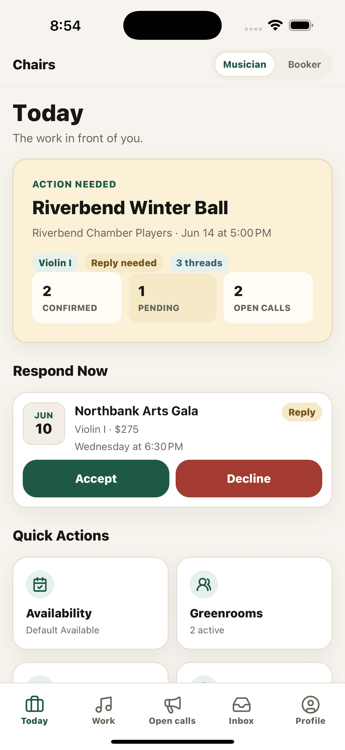 Chairs musician dashboard showing booking requests and confirmed work