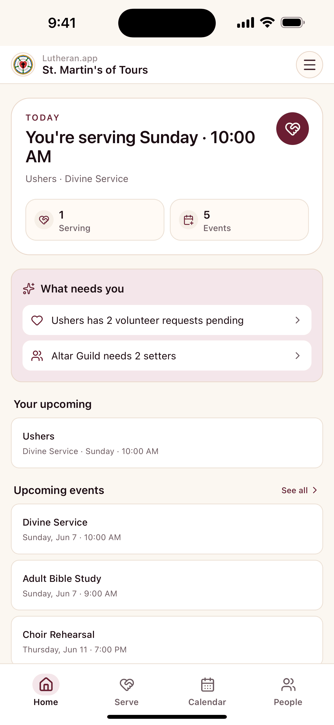 Lutheran.app home screen showing serving assignments, volunteer needs, and upcoming church events