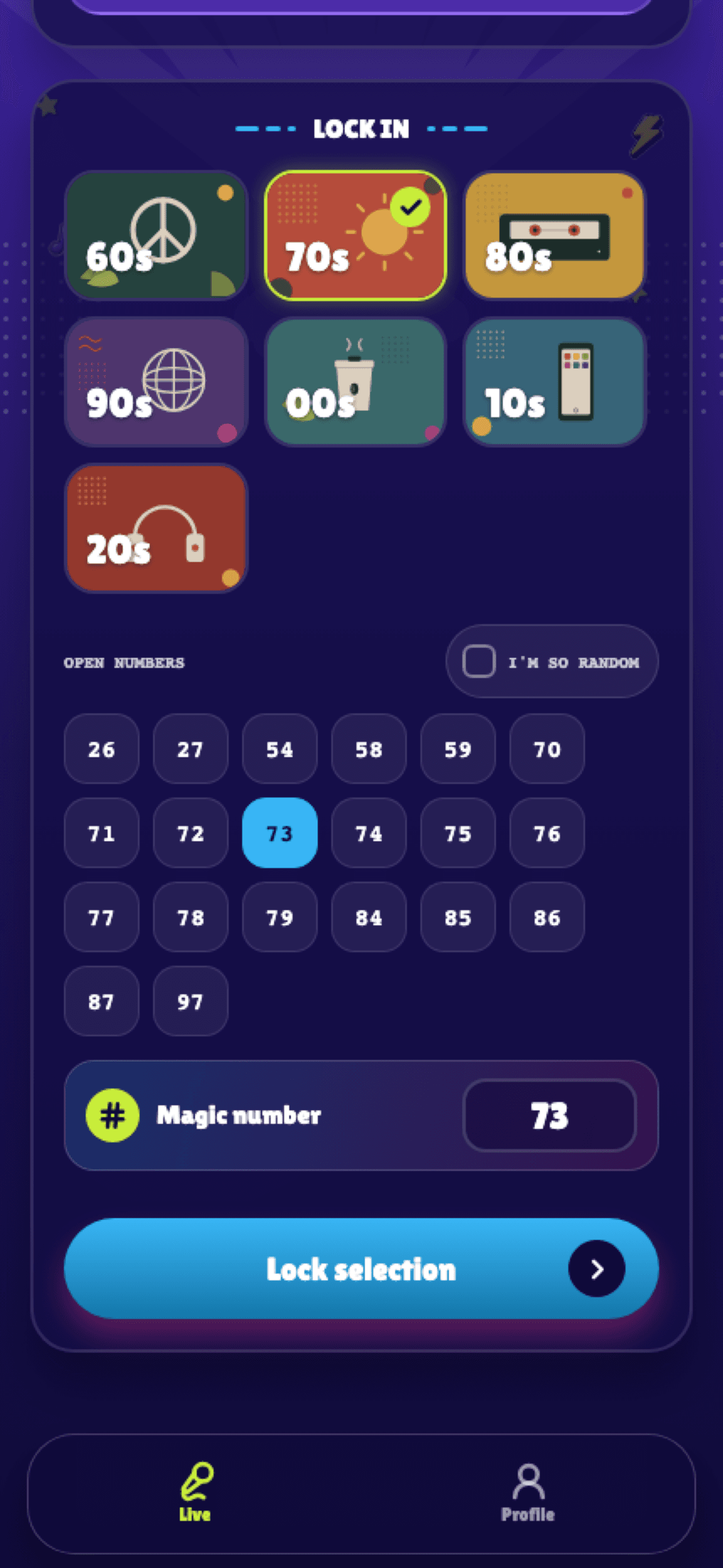 Wild Guess decade and magic number selection screen